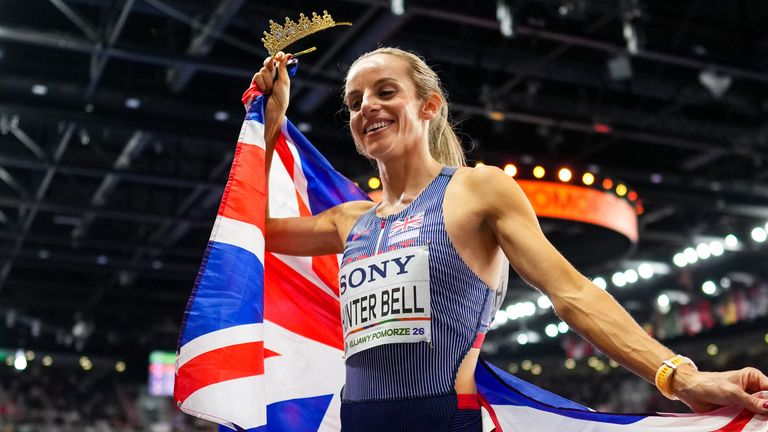 Georgia Hunter Bell after winning the gold medal in the women's 1500 at the World Athletics Indoor Championships (AP Photo/Petr David Josek)