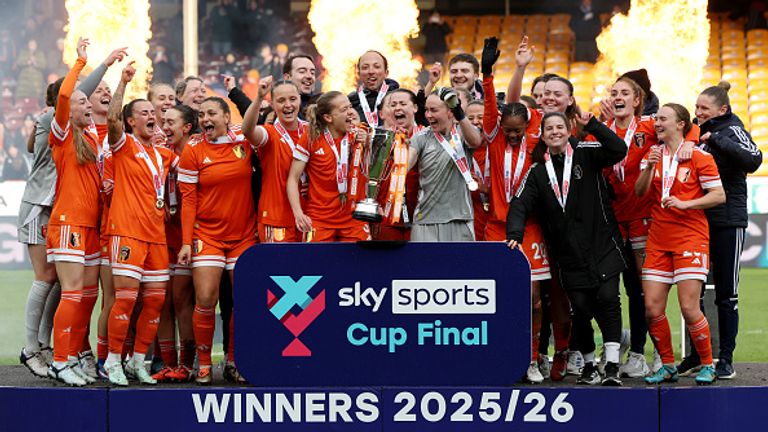 MOTHERWELL, SCOTLAND - MARCH 29: Amy Muir of Glasgow City lifts the Sky Sports Cup trophy after her team's victory in the Sky Sports Cup Final match between Glasgow City and Rangers Women at Fir Park on March 29, 2026 in Motherwell, Scotland. (Photo 