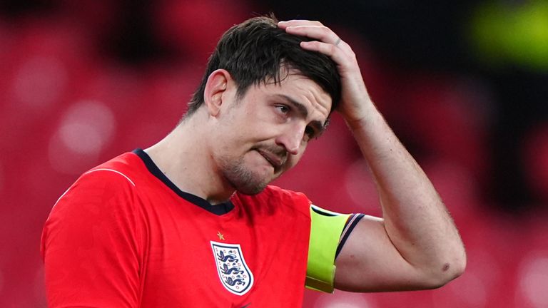 England's Harry Maguire appears dejected after the international friendly match at Wembley Stadium, London. 