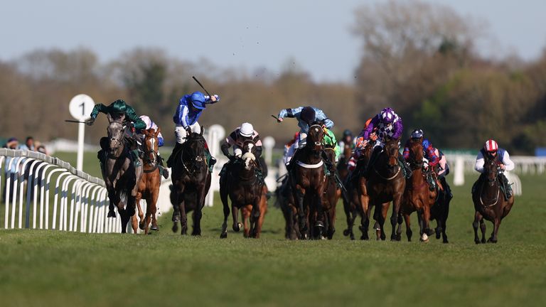 Runners and riders during the Goffs Hundred Grand Bumper (An Open National Hunt Flat Race) (GBB Race) at Newbury racecourse