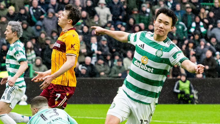 Celtic's Hyunjun Yang celebrates scoring to make it 3-1