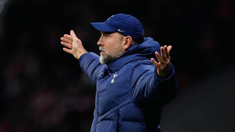 Tottenham's head coach Igor Tudor reacts during the first leg of the Champions League round of 16 soccer match between Atletico Madrid and Tottenham in Madrid, Spain, Tuesday, March 10, 2026. (AP Photo/Jose Breton)