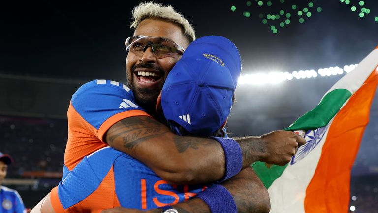 Hardik Pandya celebrates India's 96-run victory over New Zealand in the T20 World Cup final in Ahmedabad