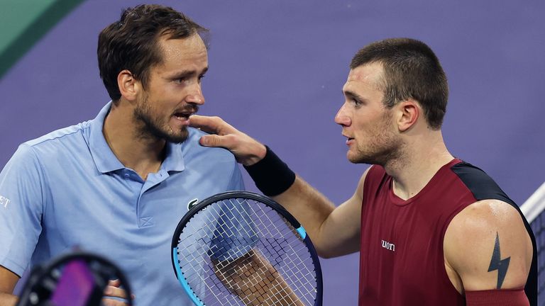 Jack Draper of Great Britain reacts at the net with Daniil Medvedev after his straight sets defeat in their quarterfinal match of the BNP Pa