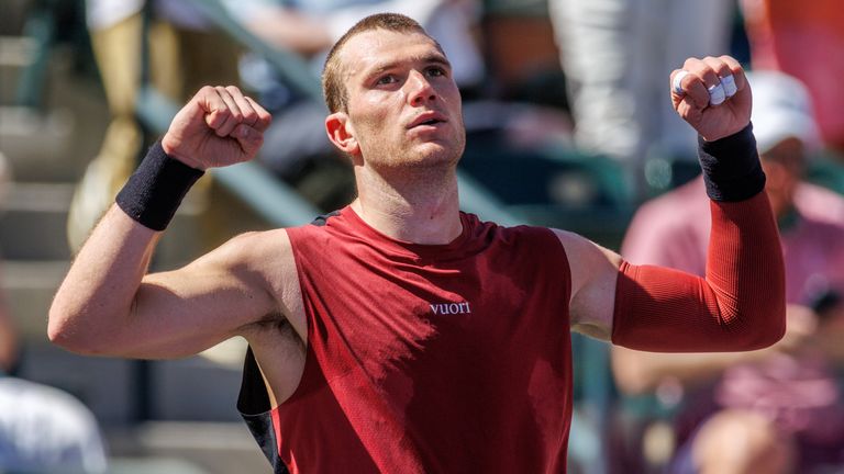 Jack Draper celebrates after defeating at the BNP Paribas Open (Credit Image: .. Mal Taam/Cal Sport Media) (Cal Sport Media via AP Images)