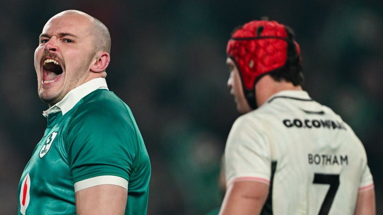 Dublin , Ireland - 6 March 2026; Jacob Stockdale of Ireland celebrates after scoring his side's first try