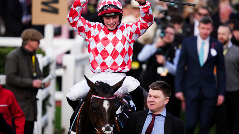 James Bowen aboard Jingko Blue after winning the BetMGM Cup Handicap Hurdle