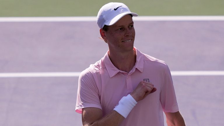 Jannik Sinner, of Italy, celebrates during a final match against Daniil Medvedev, of Russia, at the BNP Paribas Open tennis tournament, Sunday, March 15, 2026, in Indian Wells, Calif. (AP Photo/Mark J. Terrill)