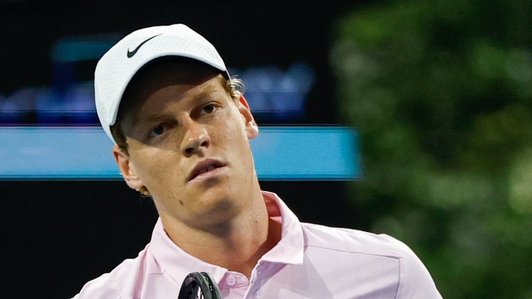 Jannik Sinner (ITA) in action during a men's third round singles match against Corentin Moutet (FRA) at the Miami Open
