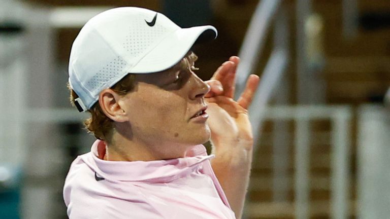 Jannik Sinner (ITA) in action during a men's third round singles match against Corentin Moutet (FRA) at the Miami Open on March 23