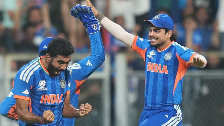 Jasprit Bumrah and teammates celebrate the run out of England's Jacob Bethell during the T20 World Cup semi-final