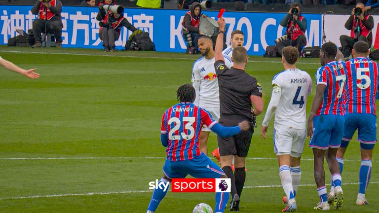 Crystal Palace defender Jaydee Canvot over-celebrates Leeds red card