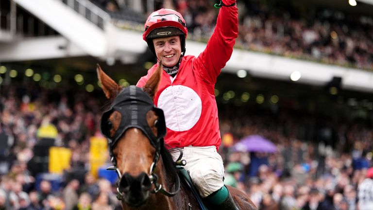 Jockey JJ Slevin celebrates on Home By The Lee after winning the Paddy Power Stayers' Hurdle