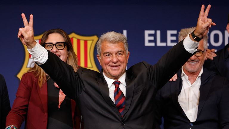 Joan Laporta gestures as he celebrates after being re-elected president of FC Barcelona