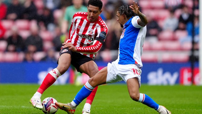 Sunderland's Jobe Bellingham (left) and Blackburn Rovers' Tyrhys Dolan (right) battle for the ball at the Stadium of Light in April 2025