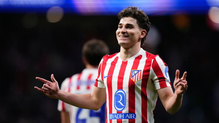 Atletico Madrid's Julian Alvarez celebrates after scoring his side's third goal (AP Photo/Jose Breton)