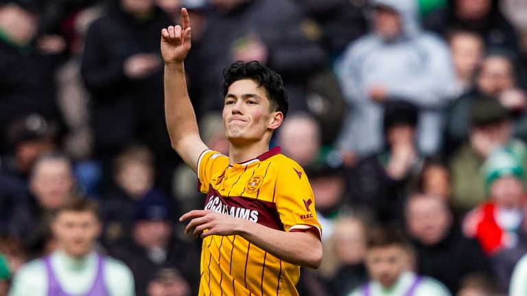Motherwell's Elijah Just celebrates scoring to make it 1-0 against Celtic 