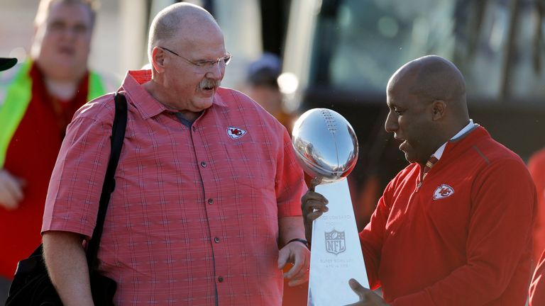 Kansas City mayor Quinton Lucas (right) holds the Vince Lombardi Trophy alongside Kanas City Chief's head coach Andy Reid