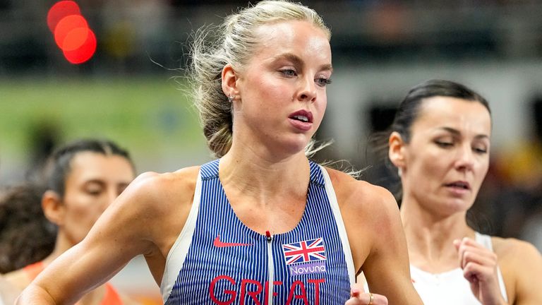 Keely Hodgkinson, of Britain, leads at a women's 800 meters semifinal at the World Athletics Indoor Championships in Torun, Poland, Saturday, March 21, 2026. (AP Photo/Petr David Josek)