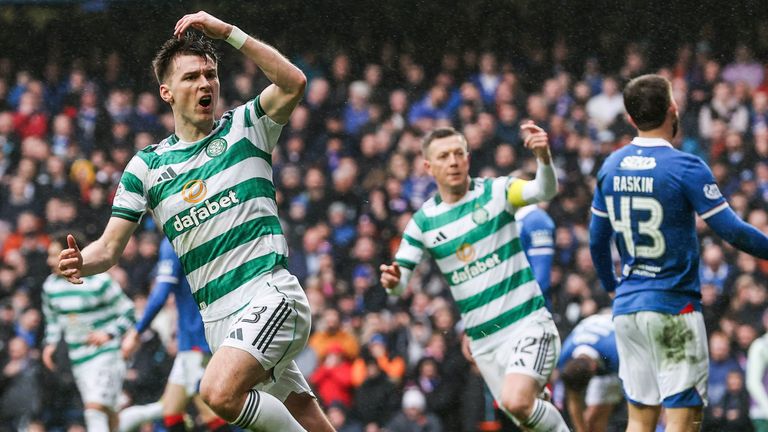 Celtic's Kieran Tierney celebrates pulling a goal back to make it 2-1