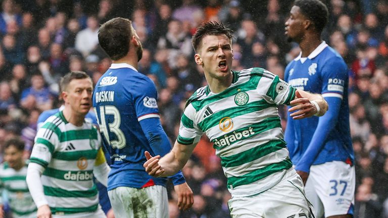 Celtic's Kieran Tierney celebrates pulling a goal back to make it 2-1