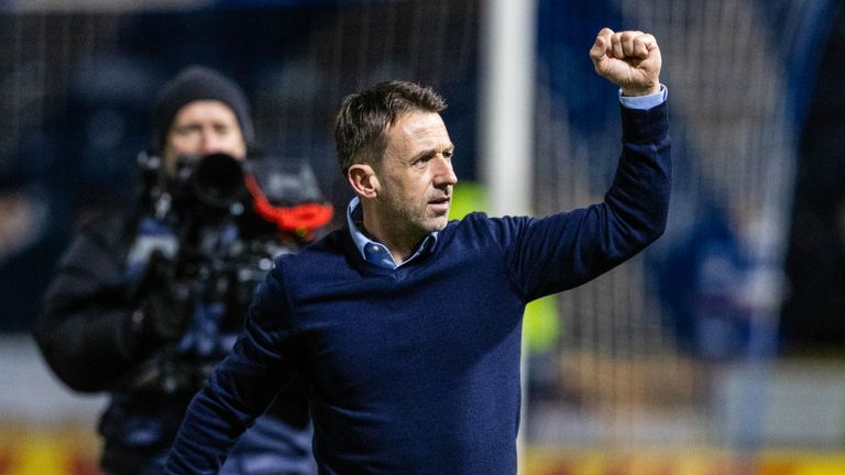 Kilmarnock boss Neil McCann celebrates at full time after the win over Hearts