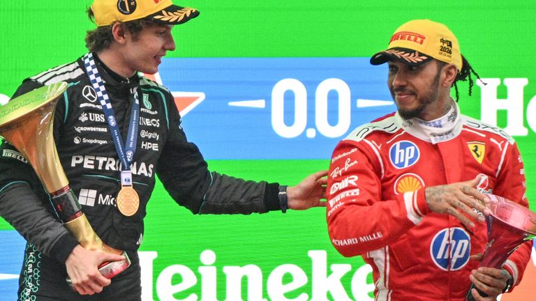 Winner Mercedes' Italian driver Kimi Antonelli (L) and third-placed Ferrari's British driver Lewis Hamilton (R) celebrate on the podium