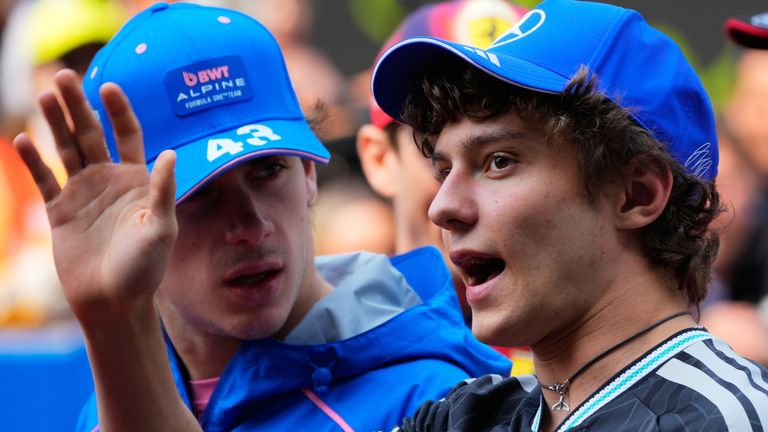 Mercedes driver Andrea Kimi Antonelli of Italy gestures during the drivers parade ahead of the Chinese Formula One Grand Prix race at the Shanghai International Circuit, in Shanghai, China, Sunday, March 15, 2026. (AP Photo/Vincent Thian)