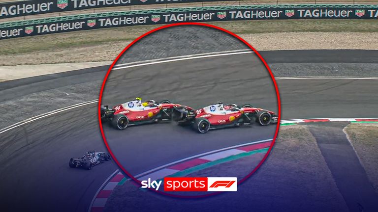 Watch the moment where Lewis Hamilton and Charles Leclerc's wheels come together during their scrap at the Chinese Grand Prix.