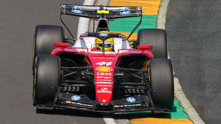 Ferrari driver Lewis Hamilton of Britain steers his car during the first practice session for the Australian Formula One Grand Prix at Albert Park, in Melbourne, Australia, Friday, March 6, 2026. (AP Photo/Scott Barbour)