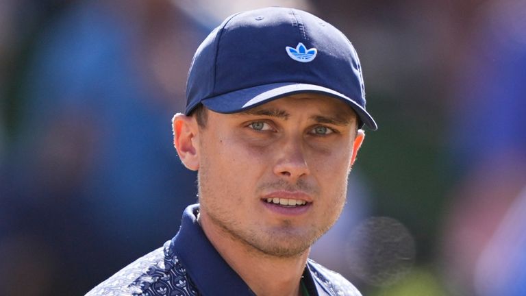 Ludvig Aberg of Sweden reacts after a birdie on the ninth green during the third round of The Players 