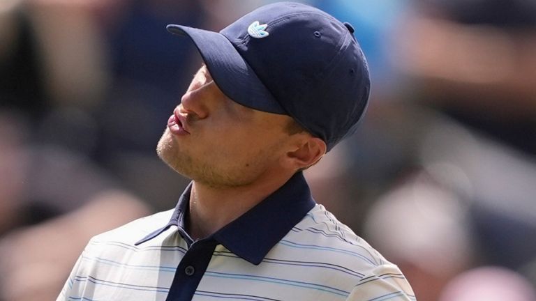 Ludvig Aberg of Sweden, reacts to a missed putt on the third green during the final round  at The Players 