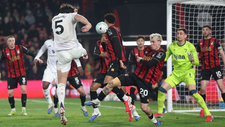 Harry Maguire sees a shot blocked at Bournemouth