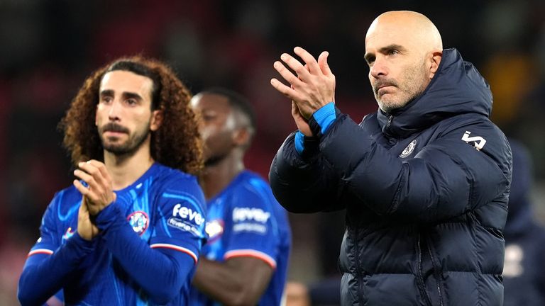 Chelsea manager Enzo Maresca (right) and player Marc Cucurella applaud the fans after the final whistle in the Premier League match