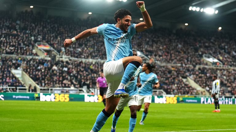 Omar Marmoush celebrates scoring for Man City at Newcastle
