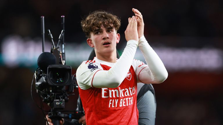 Max Dowman applauds the Arsenal fans at full time