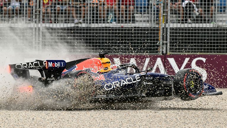 Red Bull Racing's Dutch driver Max Verstappen crashes during the qualifying session of the Formula One Australian Grand Prix at the Albert Park Circuit in Melbourne on March 7, 2026. (Photo by Paul Crock / AFP) / -- IMAGE RESTRICTED TO EDITORIAL USE 