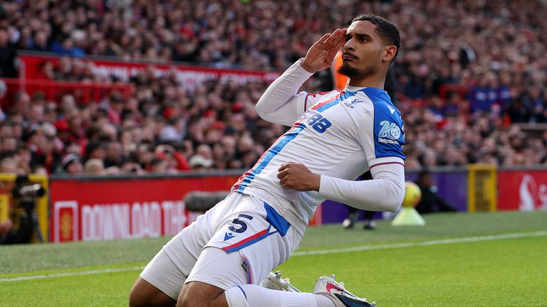 Maxence Lacroix of Crystal Palace celebrates scoring his team's first goal 