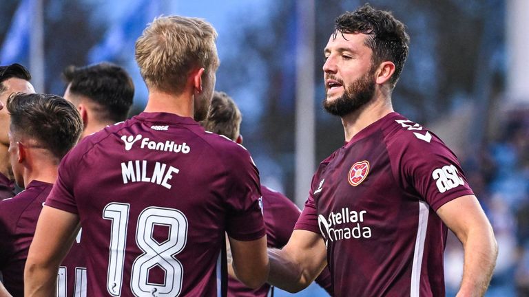 KILMARNOCK, SCOTLAND - OCTOBER 18: Hearts' Craig Halkett (R) celebrates with Harry Milne (L) after scoring to make it 1-0 during a William Hill Premiership match between Kilmarnock and Heart of Midlothian at The BBSP Stadium Rugby Park, on October 18, 2025, in Kilmarnock, Scotland.  (Photo by Paul Devlin / SNS Group)