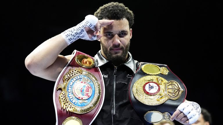 Moses Itauma celebrates winning his WBA international and WBO inter-continental heavyweight bout against Jermaine Franklin