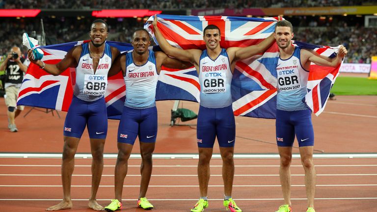 Great Britain's Nethaneel Mitchell-Blake, CJ Ujah, Adam Gemili and Daniel Talbot after winning Men's 4x100m Relay 2017 World Championships