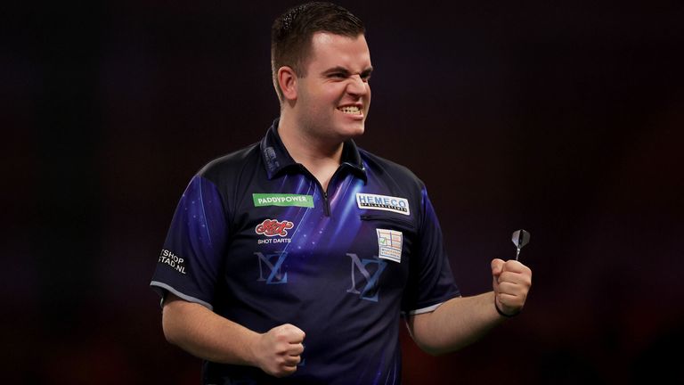 Netherlands' Niels Zonneveld reacts after winning a set during his match against Wales' Jonny Clayton on day fourteen of the Paddy Power Wor