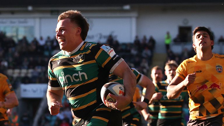 Tom Litchfield runs in for a Northampton try in their Gallagher Prem win over Newcastle