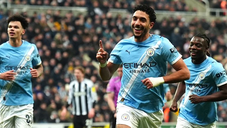 Omar Marmoush celebrates his second goal for Man City vs Newcastle