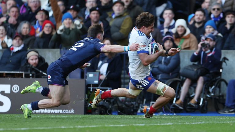 Flanker Oscar Jegou scores France's fifth try against Scotland at Murrayfield Stadium on Saturday. Pic: Reuters