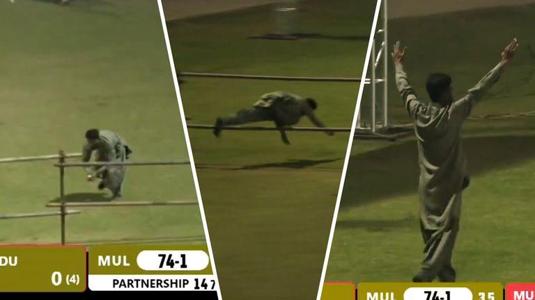 Whilst watching a match in the Pakistan Tapeball Championship a spectator in the crowd took an outrageous catch and then completed it with a dive through a nearby fence. 
