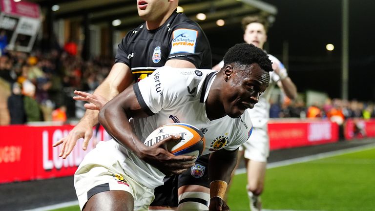 Exeter Chiefs' Paul Brown-Bampoe (left) goes on to score a try 