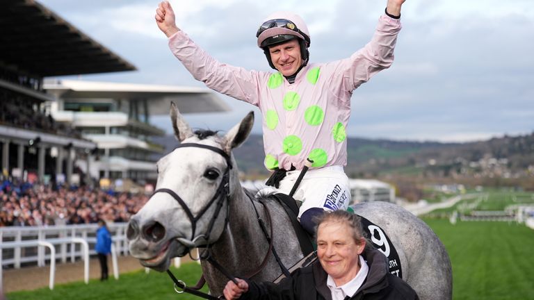 Paul Townend celebrates aboard Lossiemouth after winning the Unibet Champion Hurdle at Cheltenham