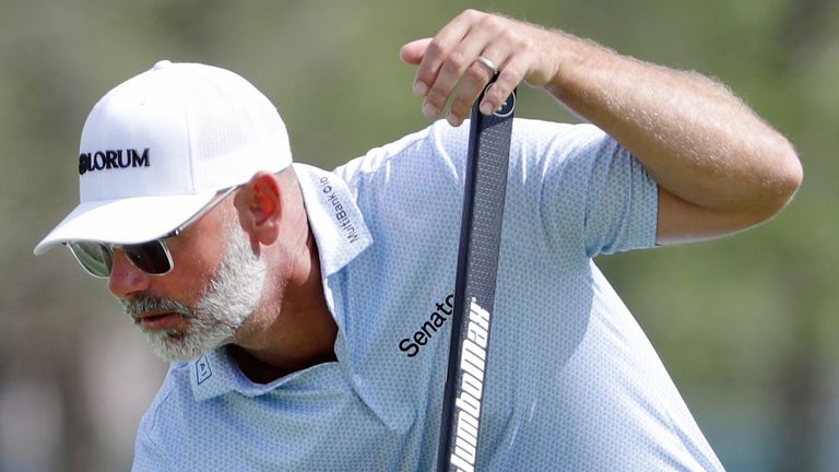 Paul Waring places his ball on the 17th green during the first round of the Texas Children's Houston Open