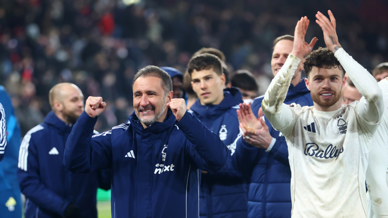 Vitor Pereira and Neco Williams celebrate after Nottingham Forest's penalty shoot-out victory in Midfield
